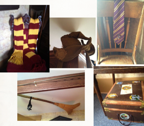 JK Rowling room with broomstick, school ties, sorting hat