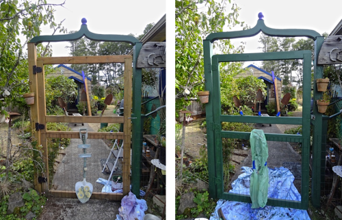 before the rain: painting the gate to match the new arbour; the reason will be even more clear tomorrow.